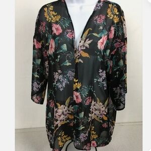 Floral, lightweight poncho/coverup, on Black background, semi sheer,short sleeve